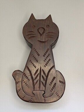 Rusticity Hand Carved Wooden Cat Puzzle Trinket Box Medium Size Decor